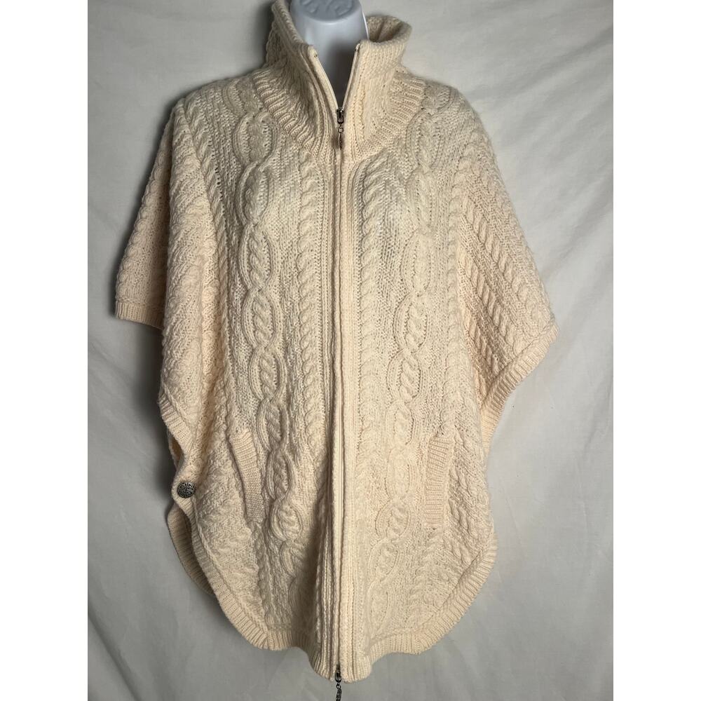 Aran Mór 100% Merino Wool Cable Knit Zip Poncho Cape Ireland Women’s S